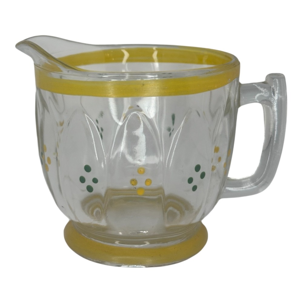 Vintage Hand Painted Glass Creamer Pitcher Yellow Green Dots Paneled Clear Glass - Picture 4 of 6